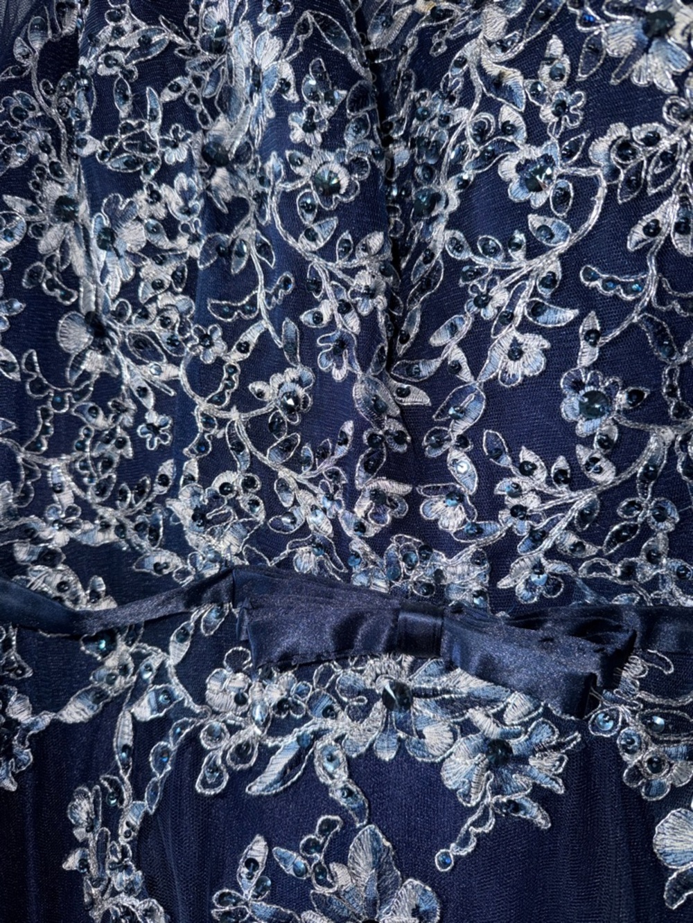 Navy Blue Embroidered Tulle Evening Dress - Picture 4 of 10